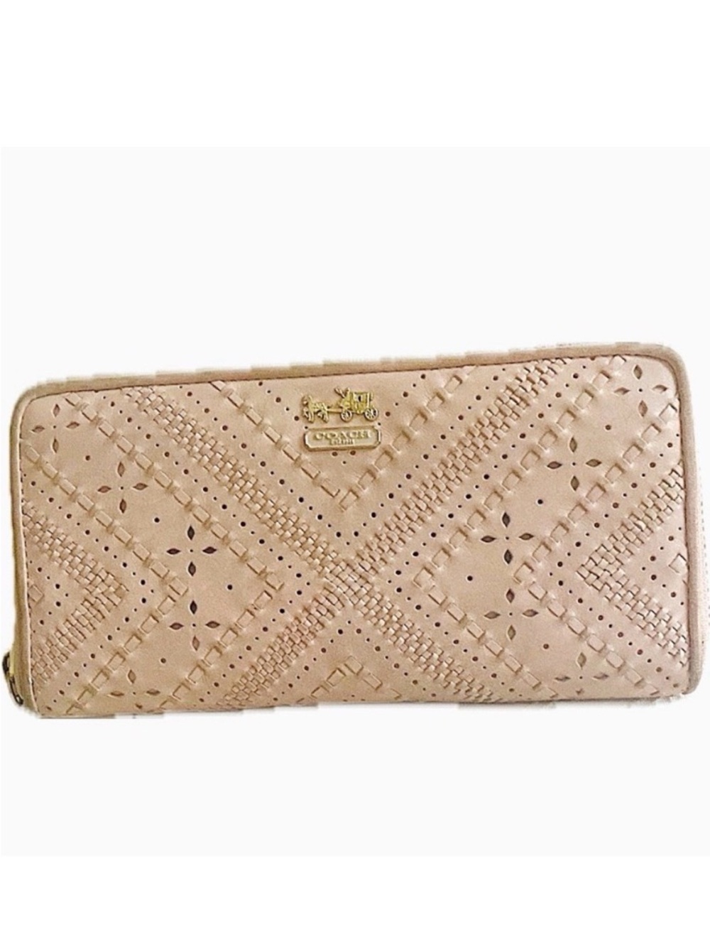 Coach Vintage Y2K Woven Leather Accordion Zip Wallet Tan Gold
